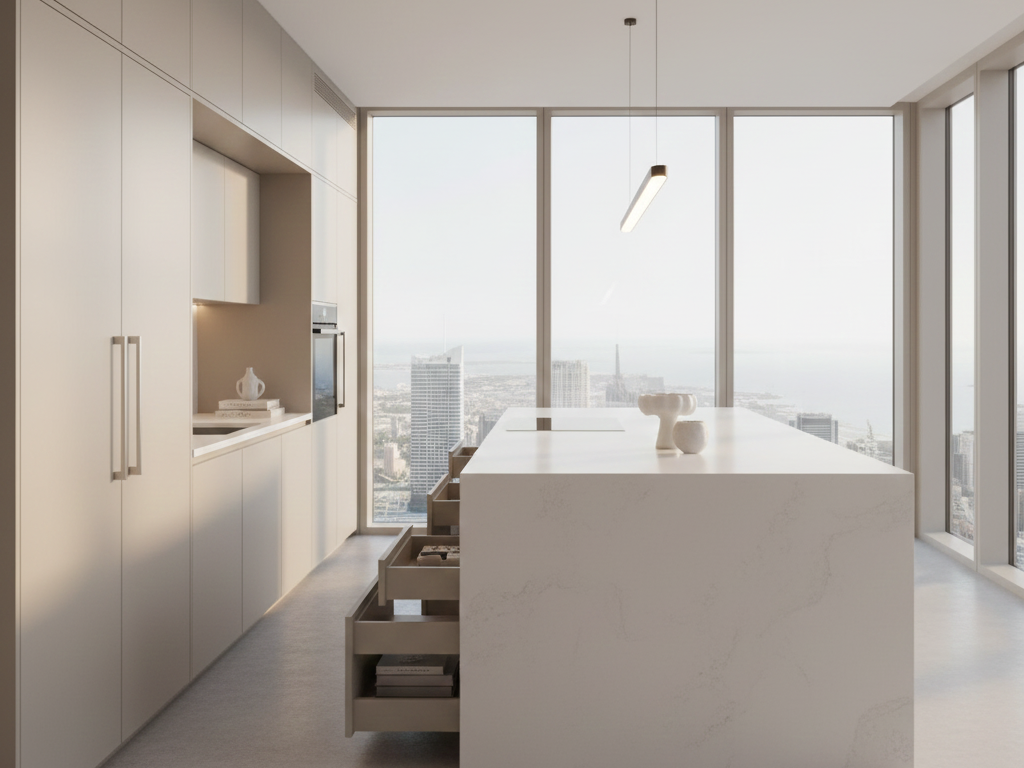 Modern kitchen design in Dubai with matte cabinets and smart storage