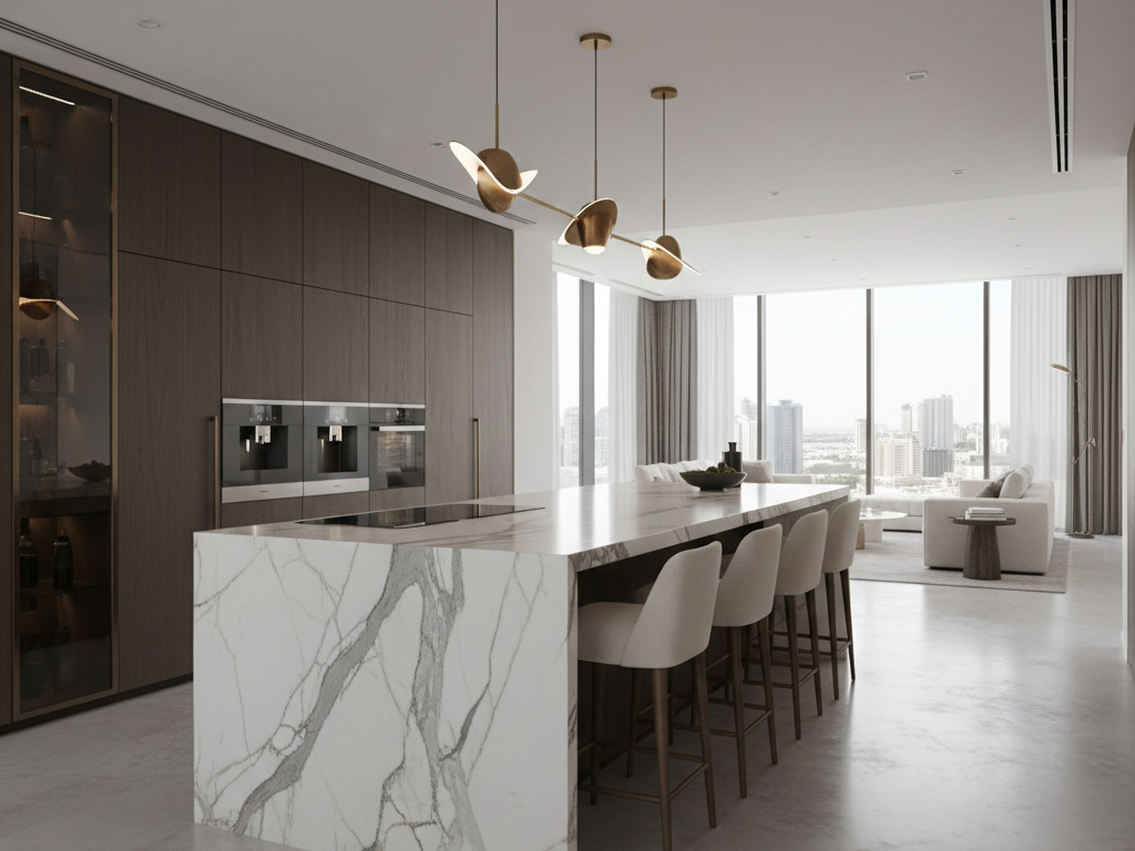 Marble waterfall kitchen island with built-in cooktop and seating.