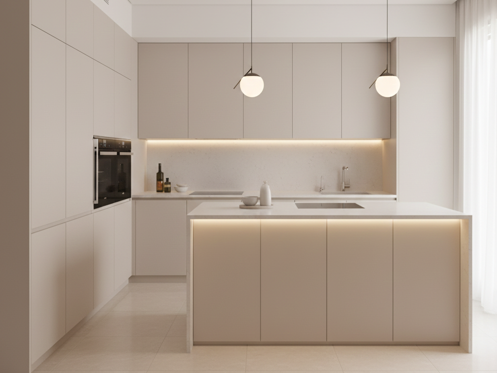 Minimalist modern luxury kitchen with neutral tones and seamless handleless cabinets.