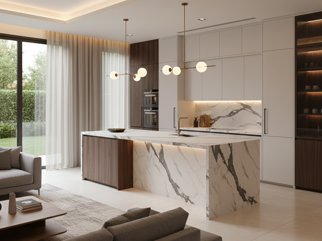 Luxury kitchen in a Dubai villa with marble island, mixed materials, and integrated appliances.